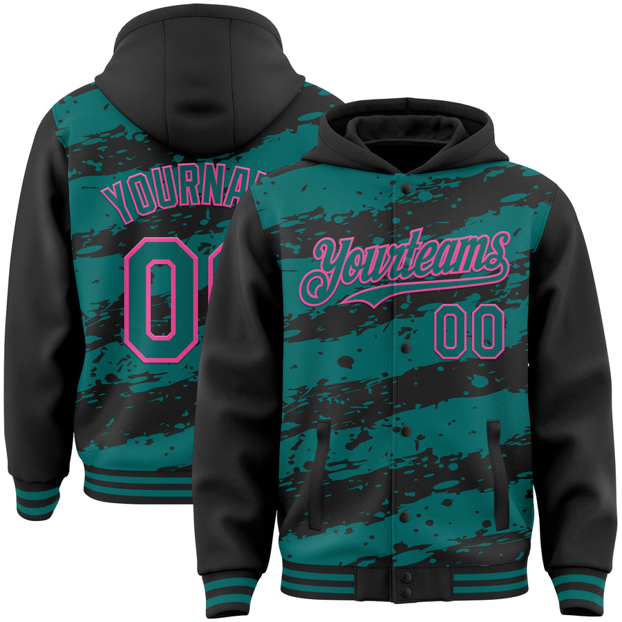 Custom Black Teal-Pink Splash 3D Pattern Design Bomber Full-Snap Varsity Letterman Hoodie Jacket