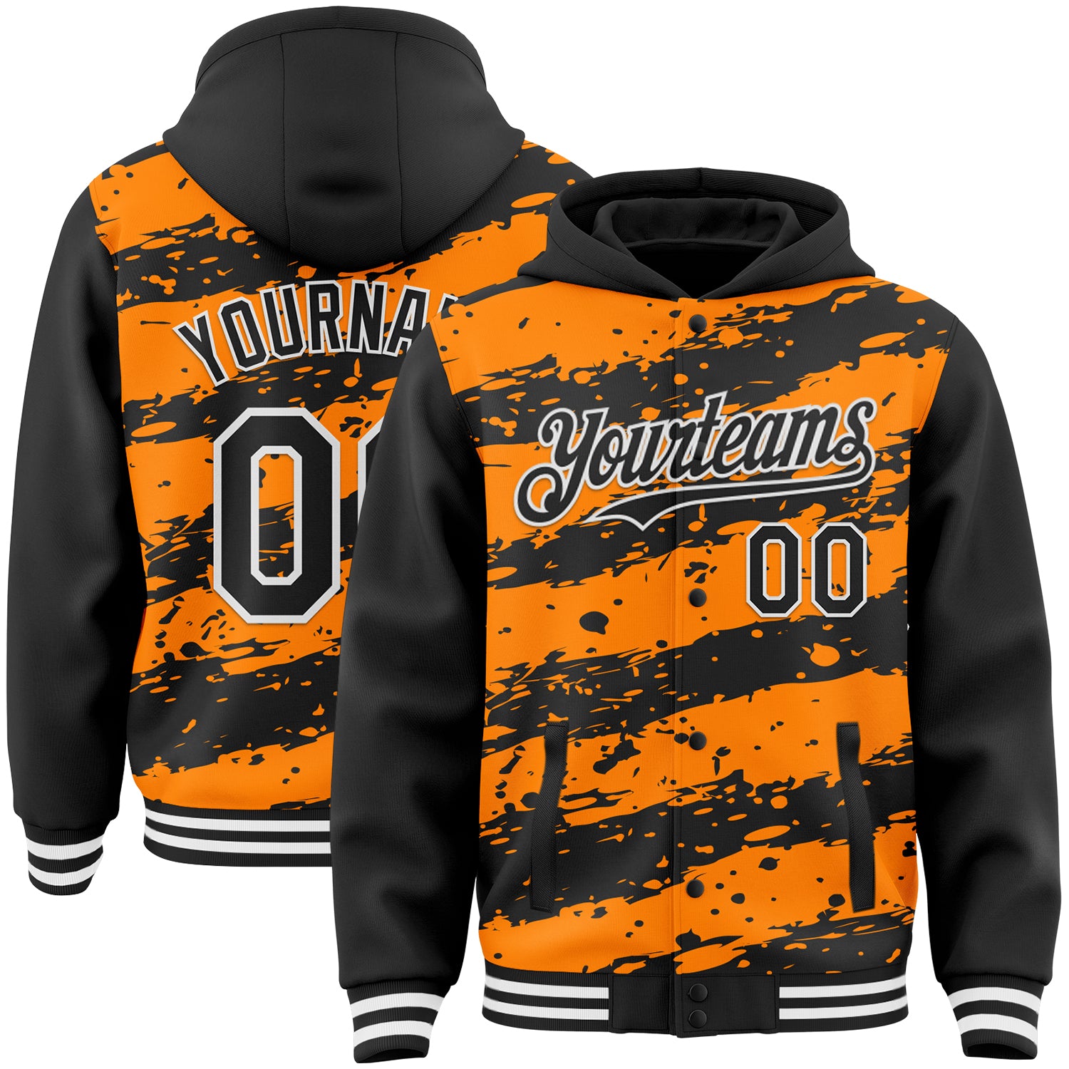 Custom Bay Orange Black-White Splash 3D Pattern Design Bomber Full-Snap Varsity Letterman Hoodie Jacket