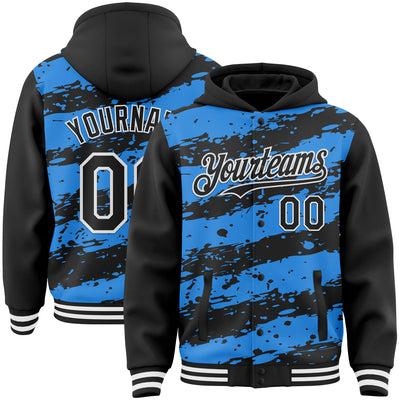 Custom Powder Blue Black-White Splash 3D Pattern Design Bomber Full-Snap Varsity Letterman Hoodie Jacket