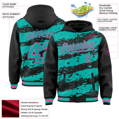 Custom Black Aqua-Pink Splash 3D Pattern Design Bomber Full-Snap Varsity Letterman Hoodie Jacket