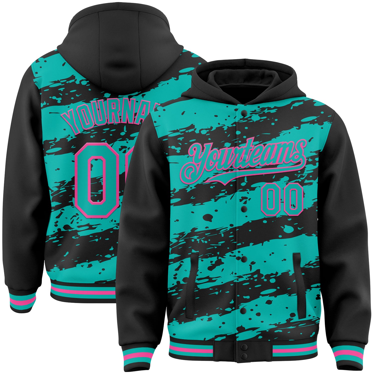 Custom Black Aqua-Pink Splash 3D Pattern Design Bomber Full-Snap Varsity Letterman Hoodie Jacket