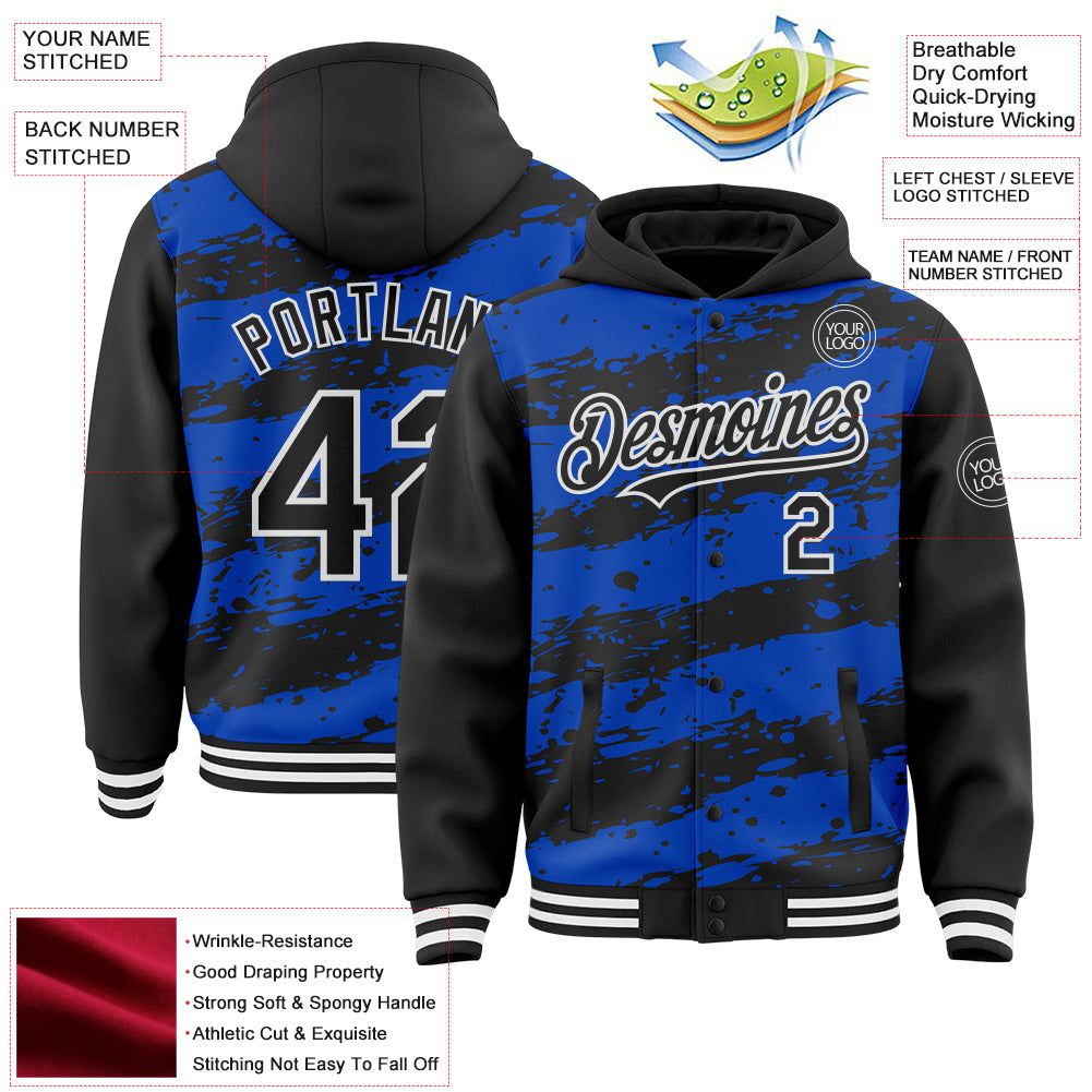 Custom Thunder Blue Black-White Splash 3D Pattern Design Bomber Full-Snap Varsity Letterman Hoodie Jacket