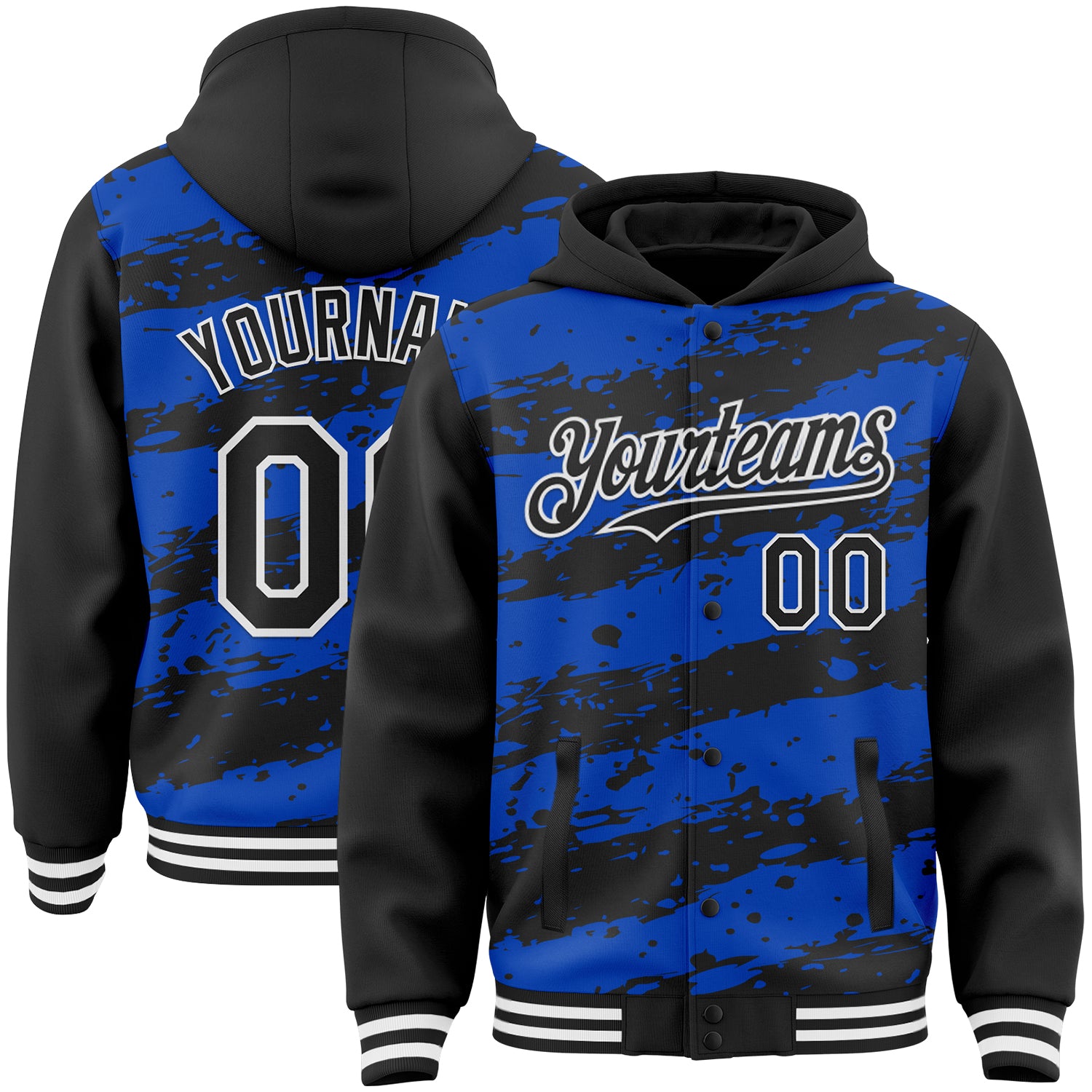 Custom Thunder Blue Black-White Splash 3D Pattern Design Bomber Full-Snap Varsity Letterman Hoodie Jacket