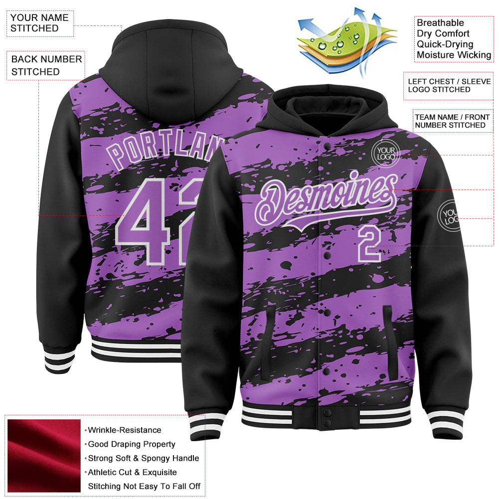 Custom Black Medium Purple-White Splash 3D Pattern Design Bomber Full-Snap Varsity Letterman Hoodie Jacket