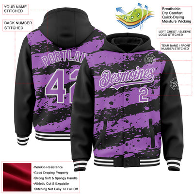 Custom Black Medium Purple-White Splash 3D Pattern Design Bomber Full-Snap Varsity Letterman Hoodie Jacket