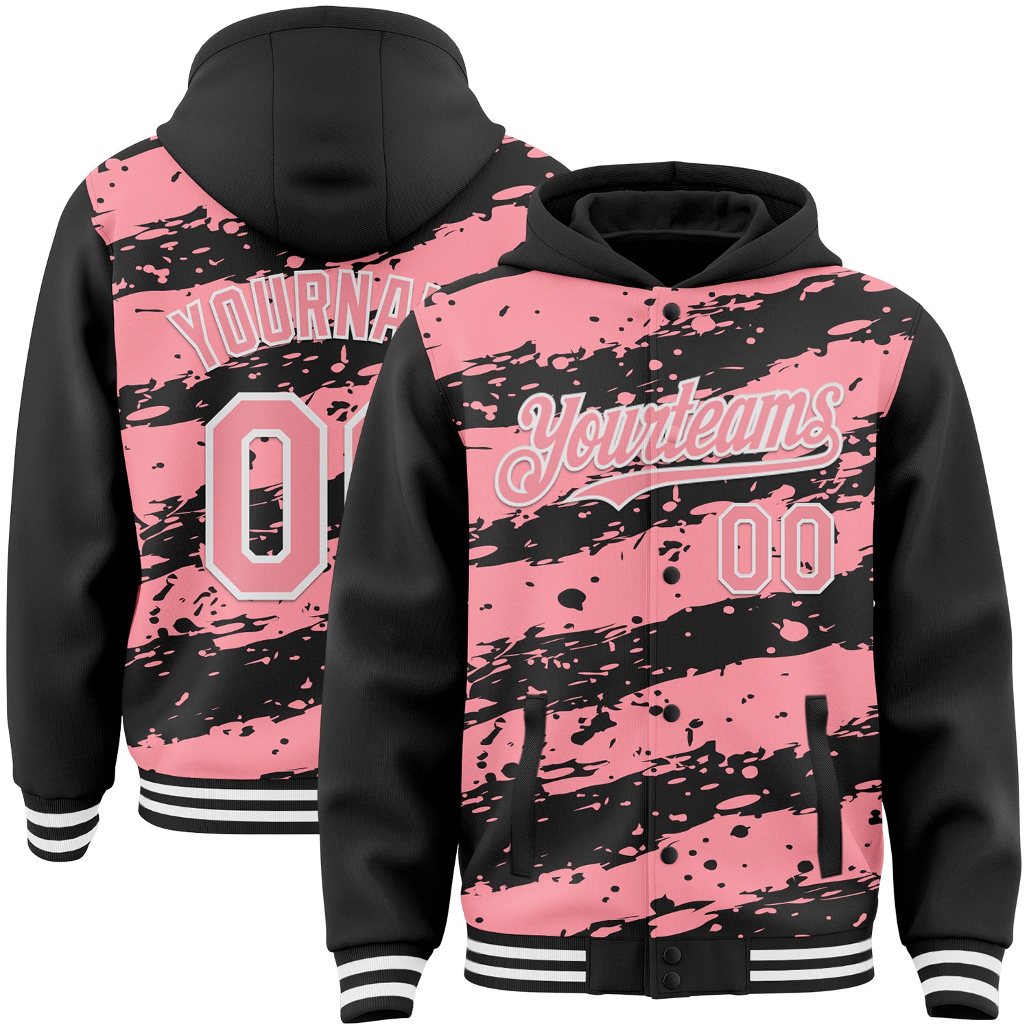 Custom Black Medium Pink-White Splash 3D Pattern Design Bomber Full-Snap Varsity Letterman Hoodie Jacket