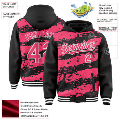Custom Black Neon Pink-White Splash 3D Pattern Design Bomber Full-Snap Varsity Letterman Hoodie Jacket