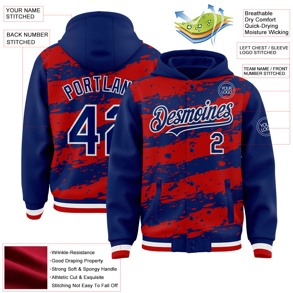 Custom Red Royal-White Splash 3D Pattern Design Bomber Full-Snap Varsity Letterman Hoodie Jacket