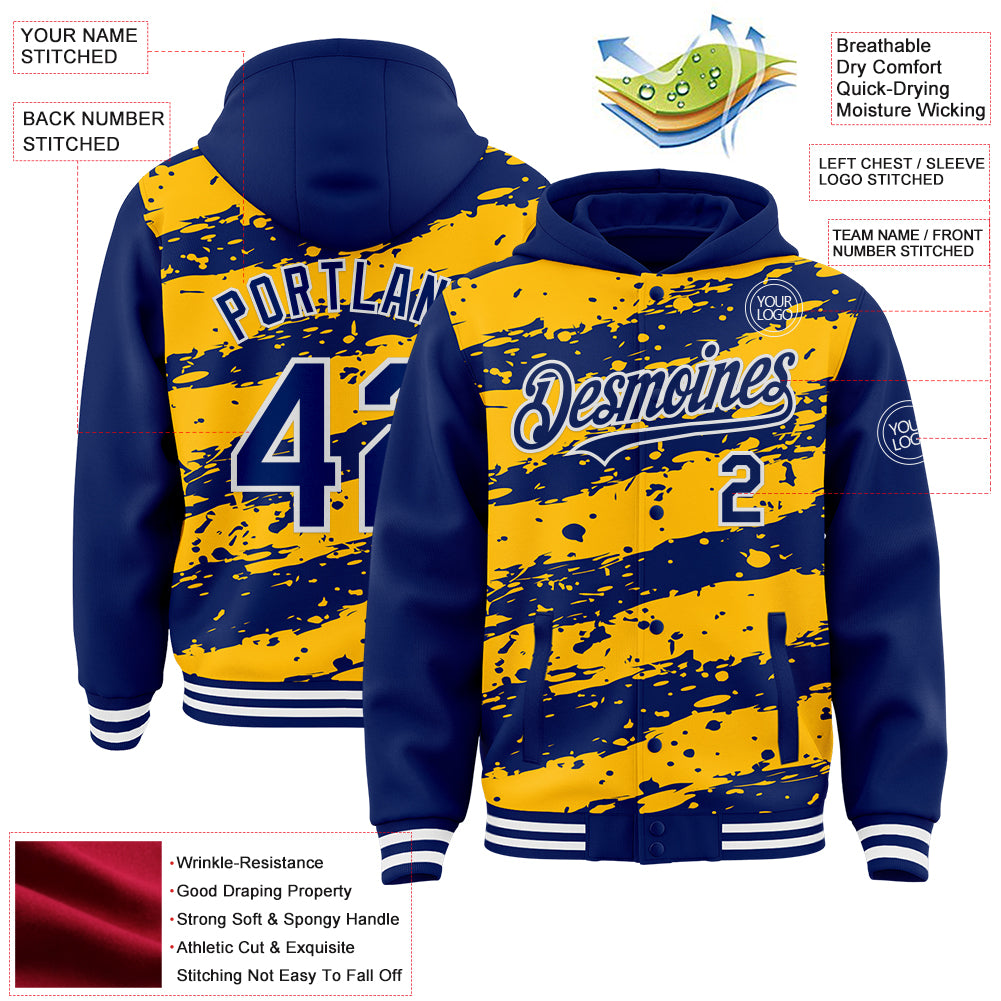 Custom Gold Royal-White Splash 3D Pattern Design Bomber Full-Snap Varsity Letterman Hoodie Jacket