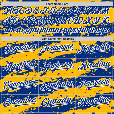 Custom Gold Royal-White Splash 3D Pattern Design Bomber Full-Snap Varsity Letterman Hoodie Jacket