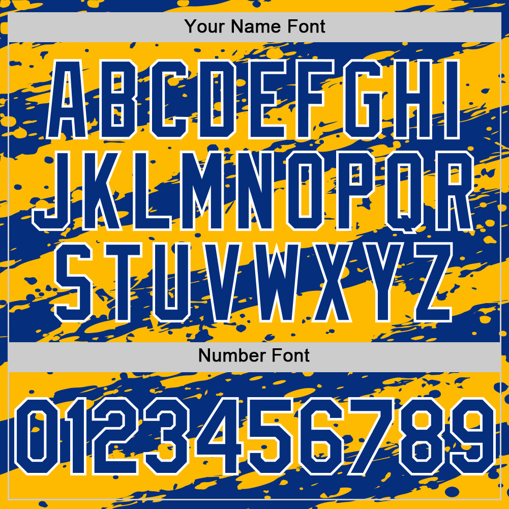 Custom Gold Royal-White Splash 3D Pattern Design Bomber Full-Snap Varsity Letterman Hoodie Jacket