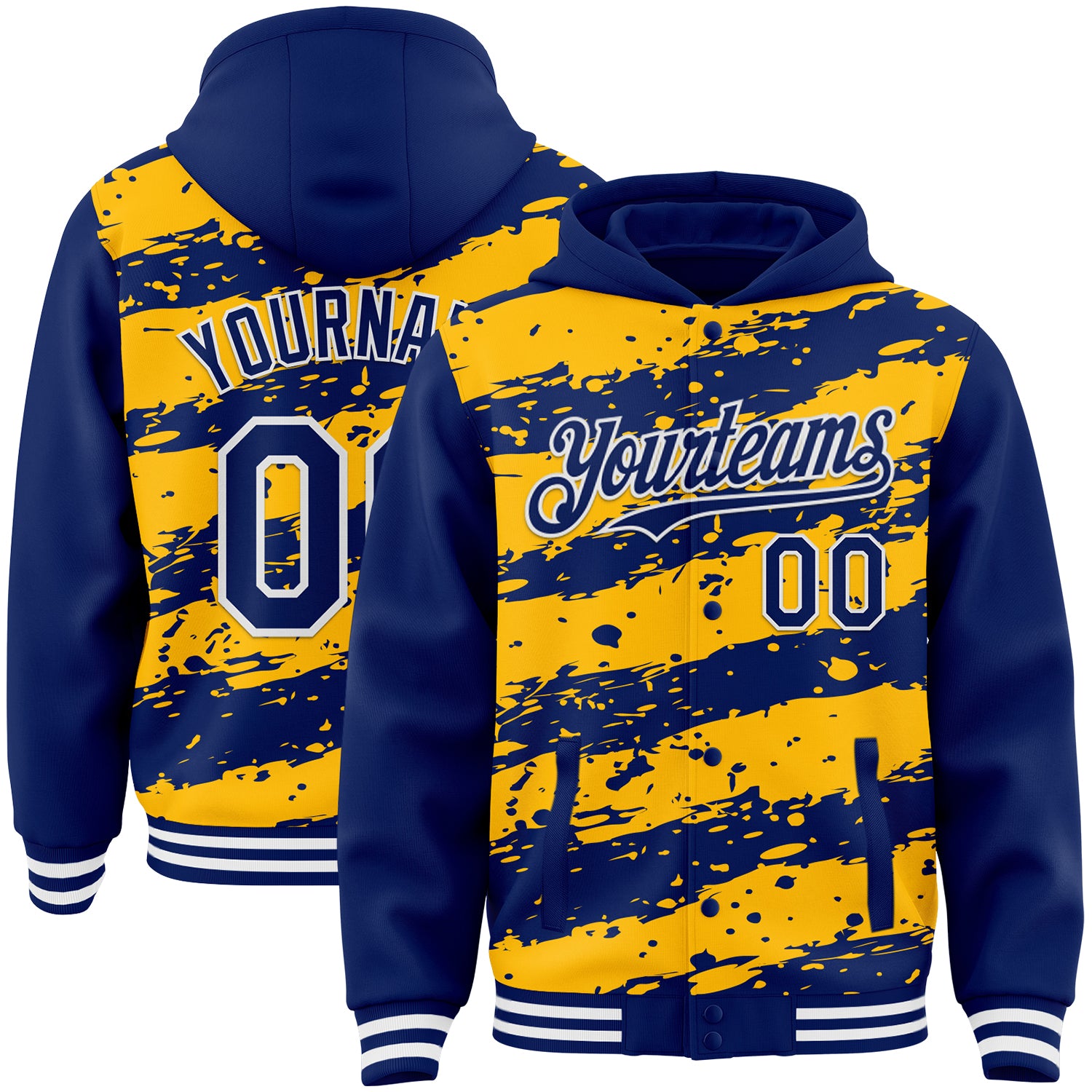Custom Gold Royal-White Splash 3D Pattern Design Bomber Full-Snap Varsity Letterman Hoodie Jacket