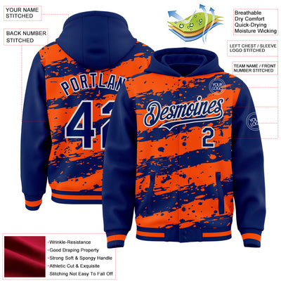 Custom Orange Royal-White Splash 3D Pattern Design Bomber Full-Snap Varsity Letterman Hoodie Jacket