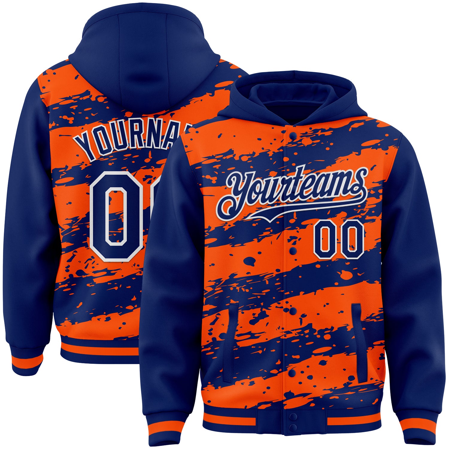 Custom Orange Royal-White Splash 3D Pattern Design Bomber Full-Snap Varsity Letterman Hoodie Jacket