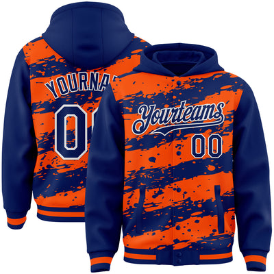 Custom Orange Royal-White Splash 3D Pattern Design Bomber Full-Snap Varsity Letterman Hoodie Jacket
