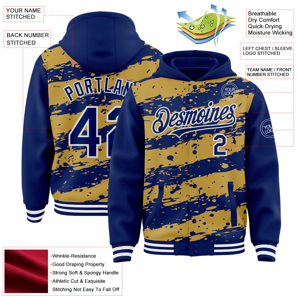 Custom Old Gold Royal-White Splash 3D Pattern Design Bomber Full-Snap Varsity Letterman Hoodie Jacket