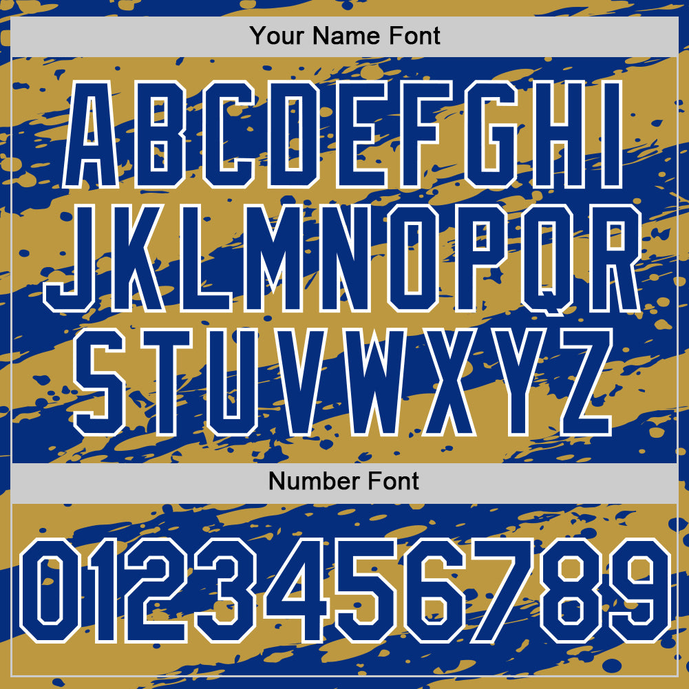 Custom Old Gold Royal-White Splash 3D Pattern Design Bomber Full-Snap Varsity Letterman Hoodie Jacket