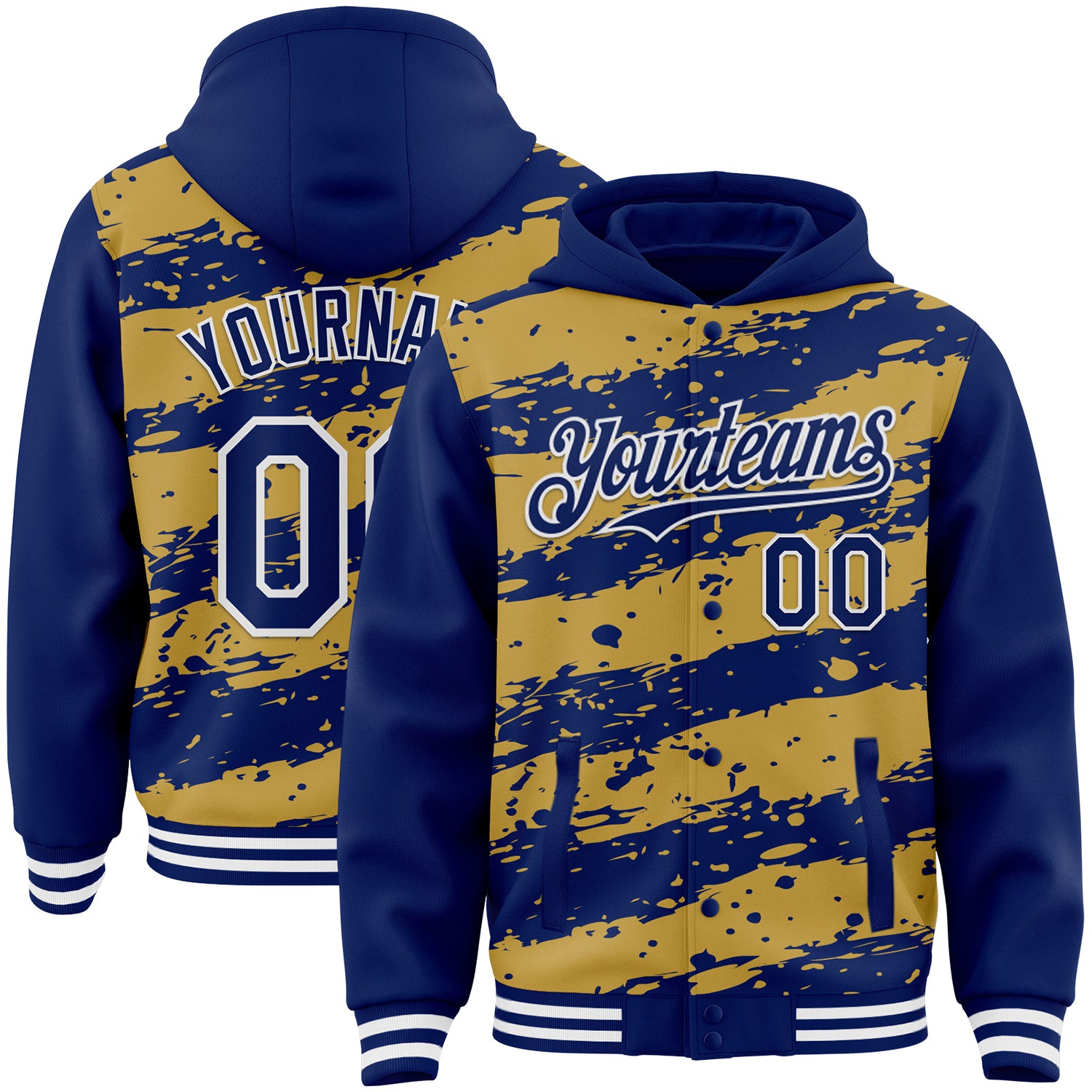 Custom Old Gold Royal-White Splash 3D Pattern Design Bomber Full-Snap Varsity Letterman Hoodie Jacket