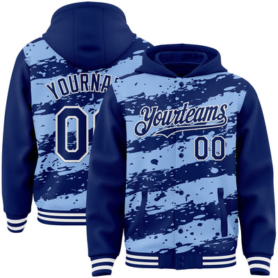Custom Light Blue Royal-White Splash 3D Pattern Design Bomber Full-Snap Varsity Letterman Hoodie Jacket