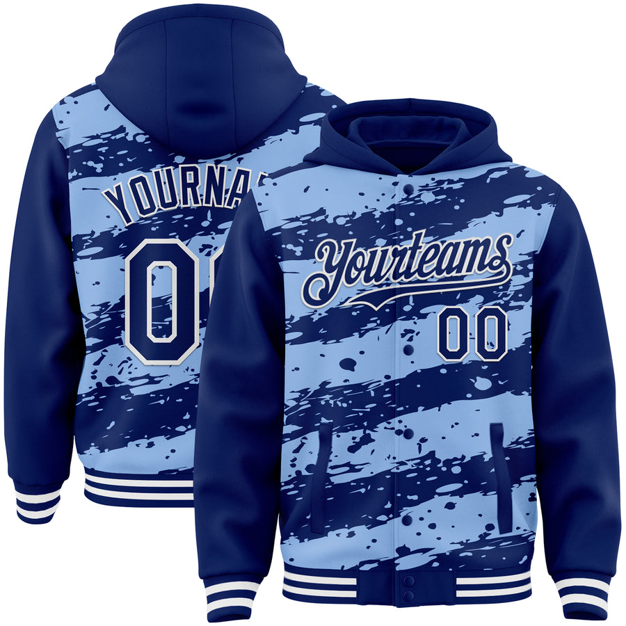 Custom Light Blue Royal-White Splash 3D Pattern Design Bomber Full-Snap Varsity Letterman Hoodie Jacket