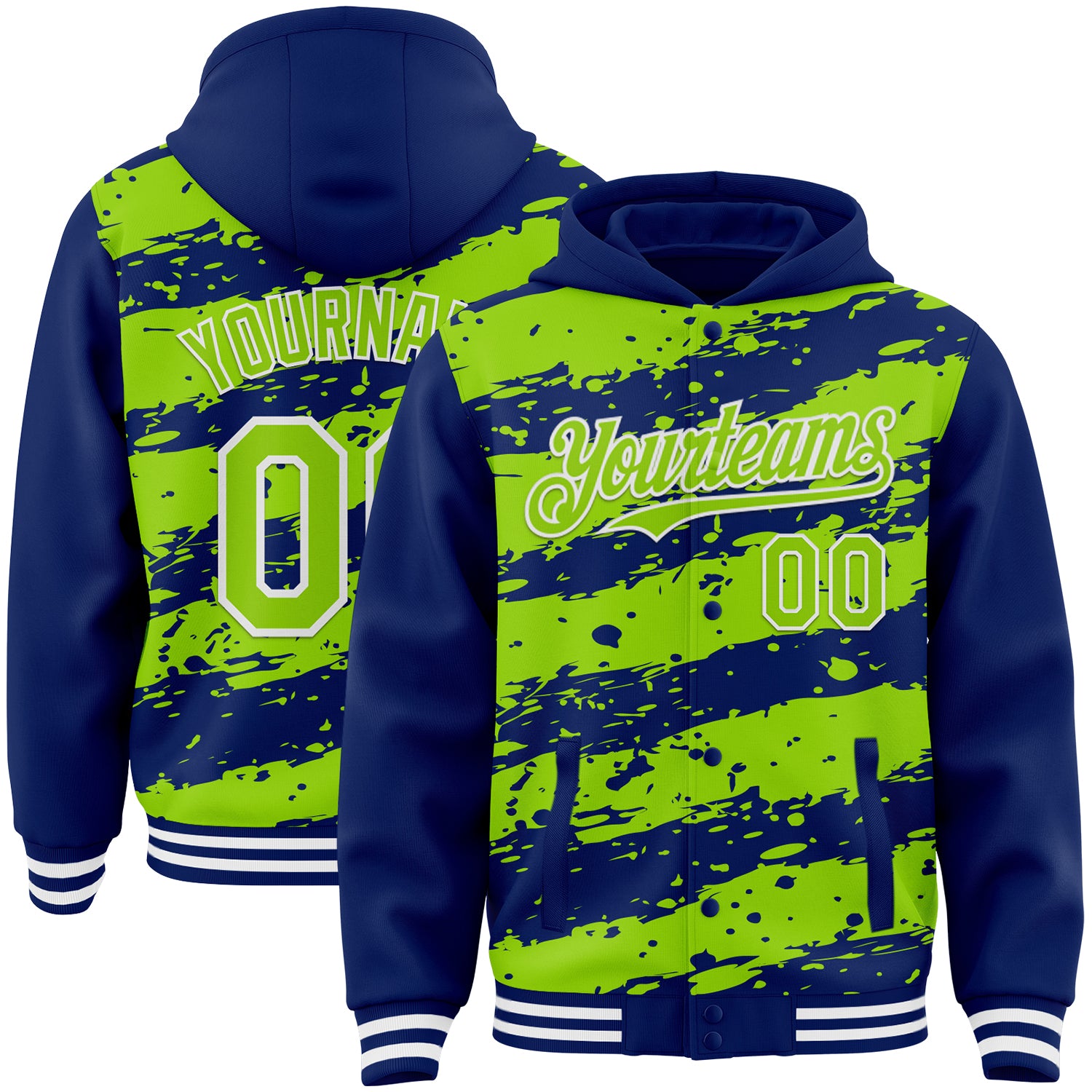Custom Royal Neon Green-White Splash 3D Pattern Design Bomber Full-Snap Varsity Letterman Hoodie Jacket