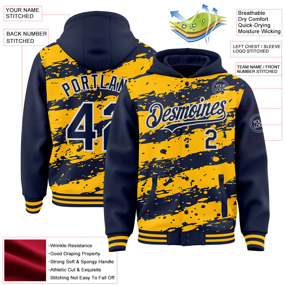 Custom Gold Navy-White Splash 3D Pattern Design Bomber Full-Snap Varsity Letterman Hoodie Jacket