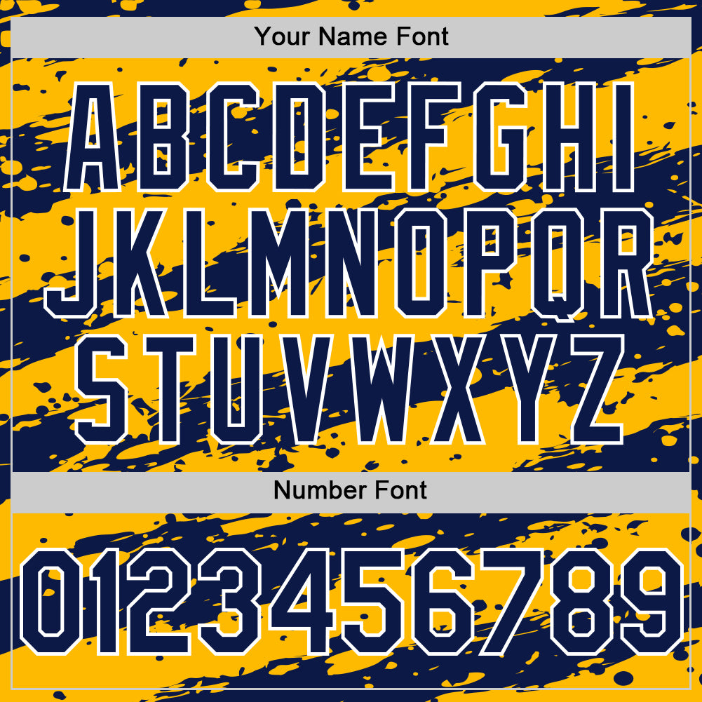 Custom Gold Navy-White Splash 3D Pattern Design Bomber Full-Snap Varsity Letterman Hoodie Jacket