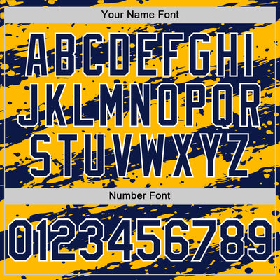 Custom Gold Navy-White Splash 3D Pattern Design Bomber Full-Snap Varsity Letterman Hoodie Jacket