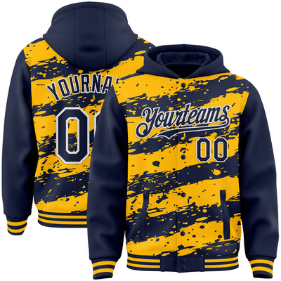 Custom Gold Navy-White Splash 3D Pattern Design Bomber Full-Snap Varsity Letterman Hoodie Jacket