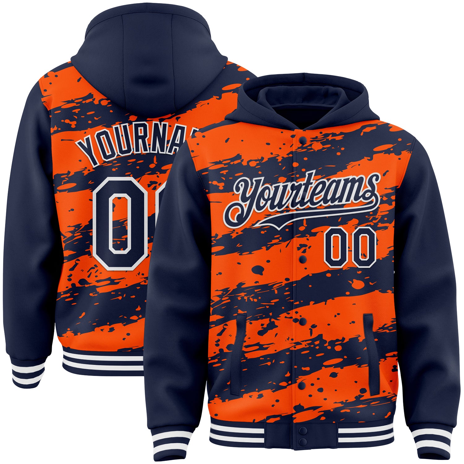 Custom Orange Navy-White Splash 3D Pattern Design Bomber Full-Snap Varsity Letterman Hoodie Jacket