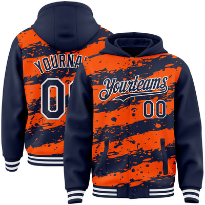 Custom Orange Navy-White Splash 3D Pattern Design Bomber Full-Snap Varsity Letterman Hoodie Jacket