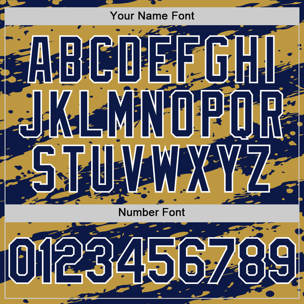 Custom Old Gold Navy-White Splash 3D Pattern Design Bomber Full-Snap Varsity Letterman Hoodie Jacket