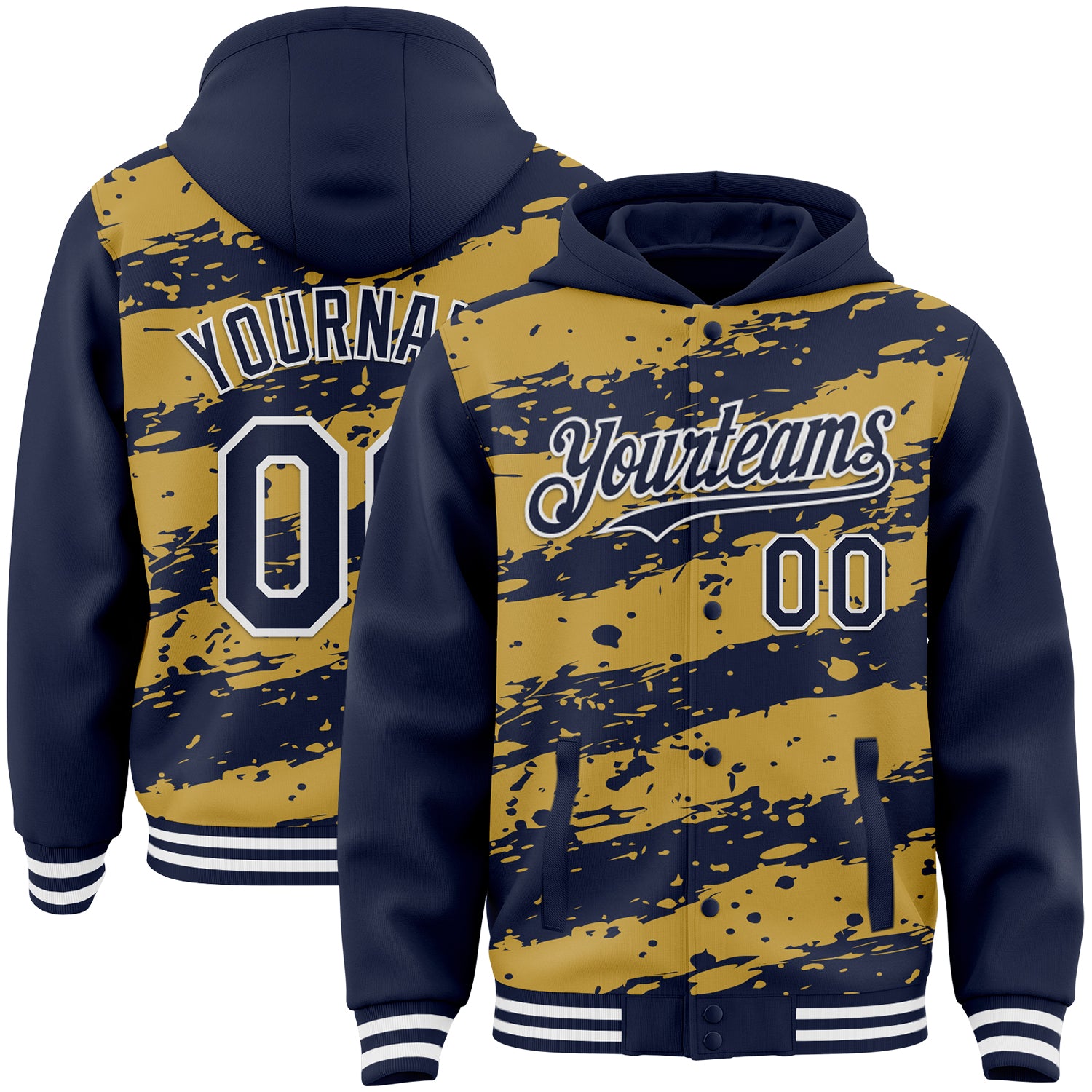Custom Old Gold Navy-White Splash 3D Pattern Design Bomber Full-Snap Varsity Letterman Hoodie Jacket
