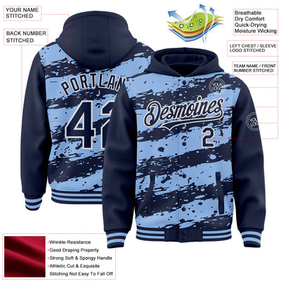 Custom Light Blue Navy-White Splash 3D Pattern Design Bomber Full-Snap Varsity Letterman Hoodie Jacket