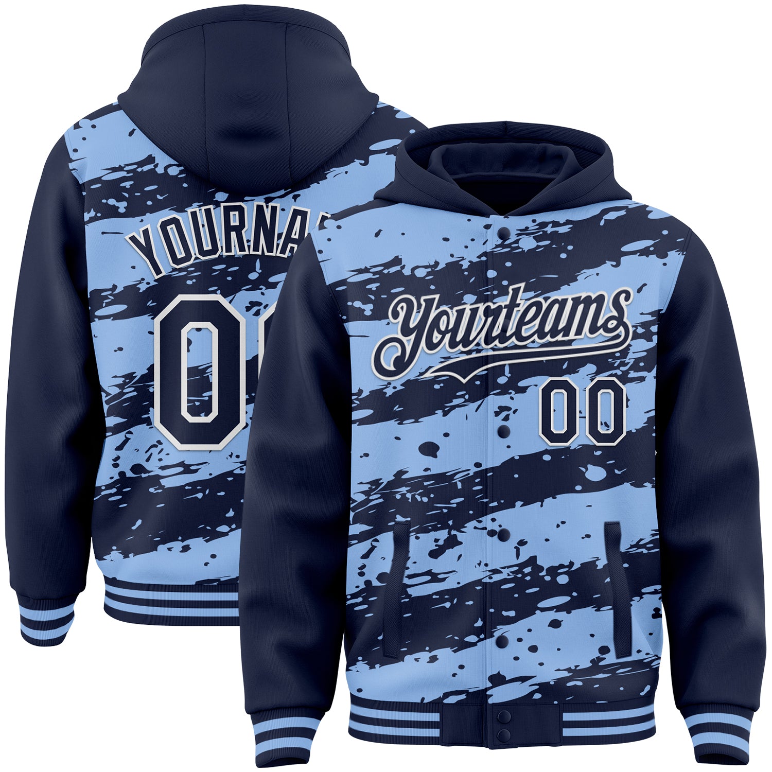 Custom Light Blue Navy-White Splash 3D Pattern Design Bomber Full-Snap Varsity Letterman Hoodie Jacket