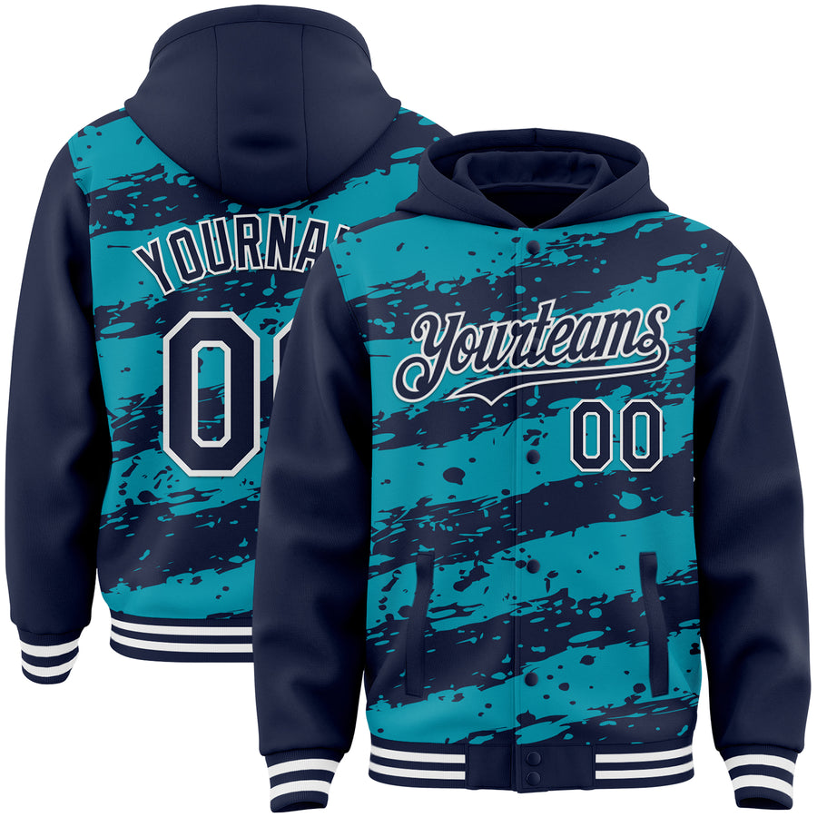 Custom Teal Navy-White Splash 3D Pattern Design Bomber Full-Snap Varsity Letterman Hoodie Jacket