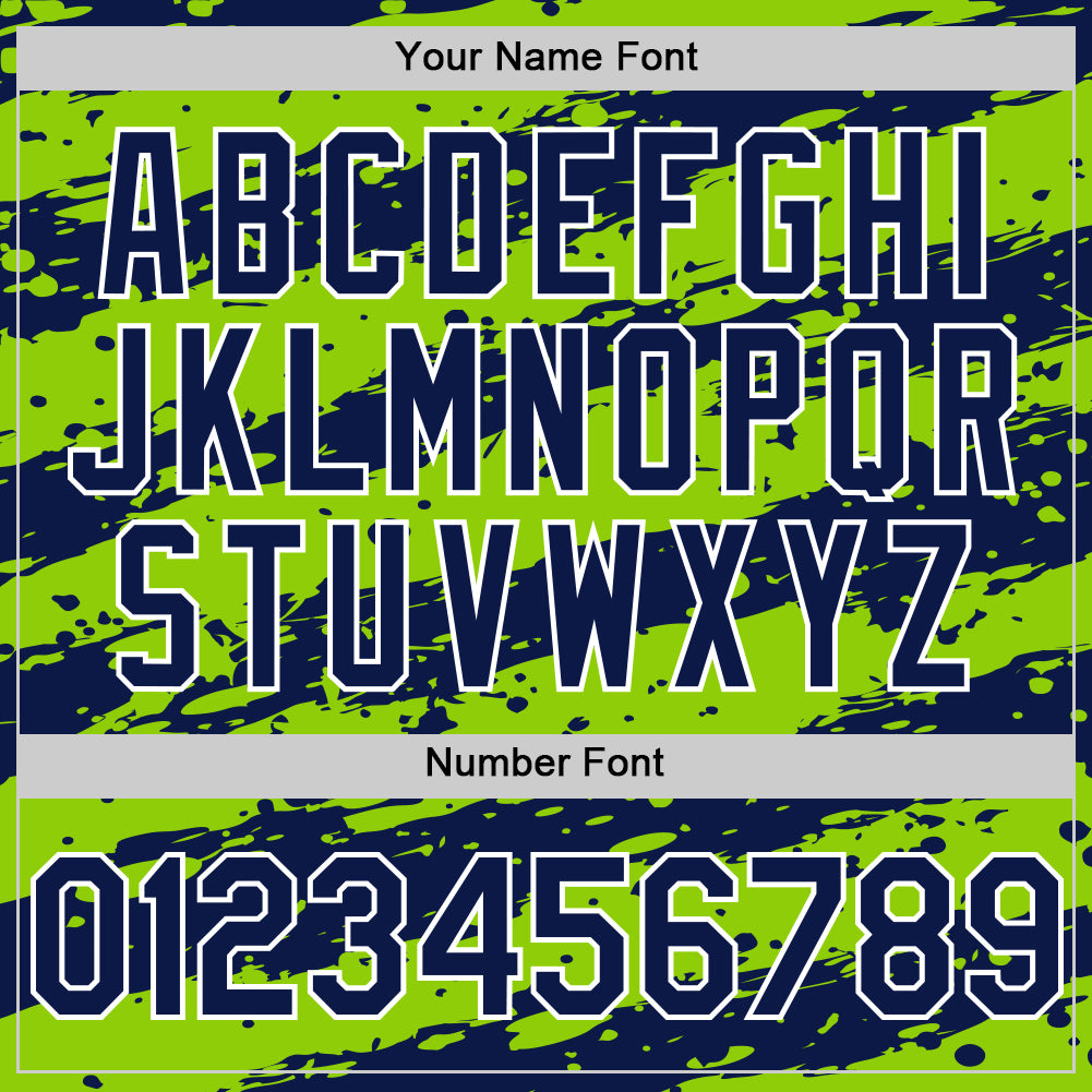 Custom Neon Green Navy-White Splash 3D Pattern Design Bomber Full-Snap Varsity Letterman Hoodie Jacket