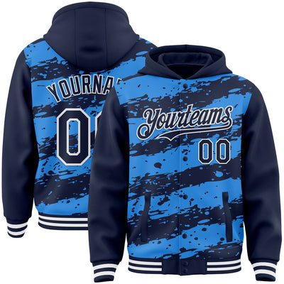 Custom Powder Blue Navy-White Splash 3D Pattern Design Bomber Full-Snap Varsity Letterman Hoodie Jacket