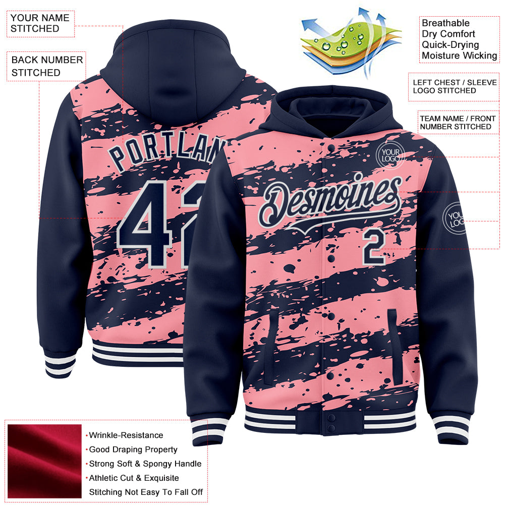 Custom Medium Pink Navy-White Splash 3D Pattern Design Bomber Full-Snap Varsity Letterman Hoodie Jacket