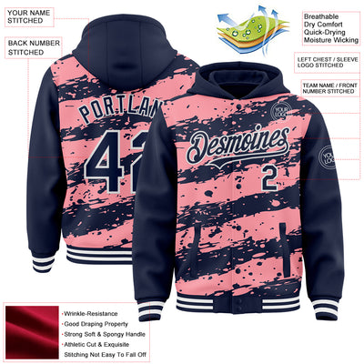 Custom Medium Pink Navy-White Splash 3D Pattern Design Bomber Full-Snap Varsity Letterman Hoodie Jacket