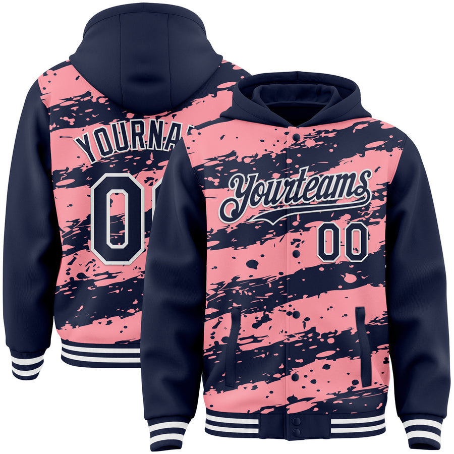 Custom Medium Pink Navy-White Splash 3D Pattern Design Bomber Full-Snap Varsity Letterman Hoodie Jacket
