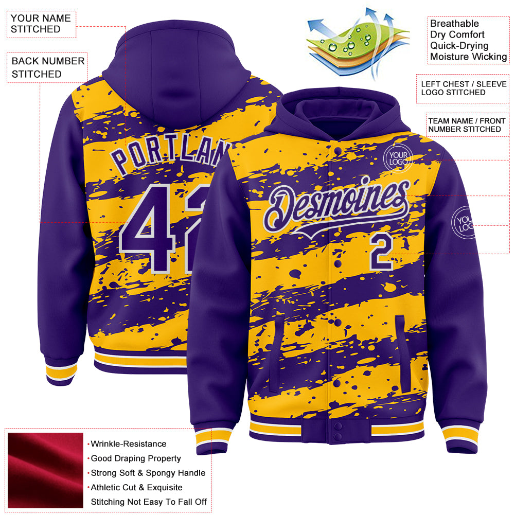 Custom Gold Purple-White Splash 3D Pattern Design Bomber Full-Snap Varsity Letterman Hoodie Jacket