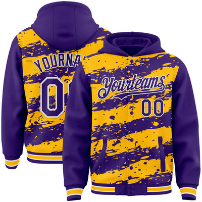 Custom Gold Purple-White Splash 3D Pattern Design Bomber Full-Snap Varsity Letterman Hoodie Jacket