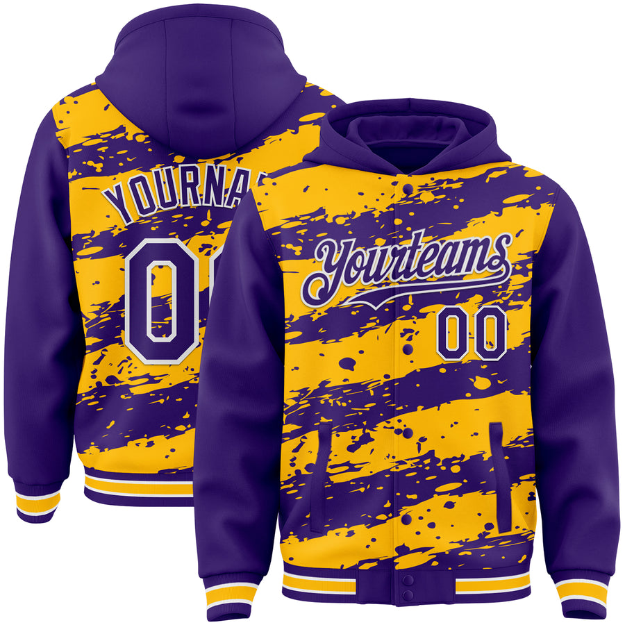 Custom Gold Purple-White Splash 3D Pattern Design Bomber Full-Snap Varsity Letterman Hoodie Jacket