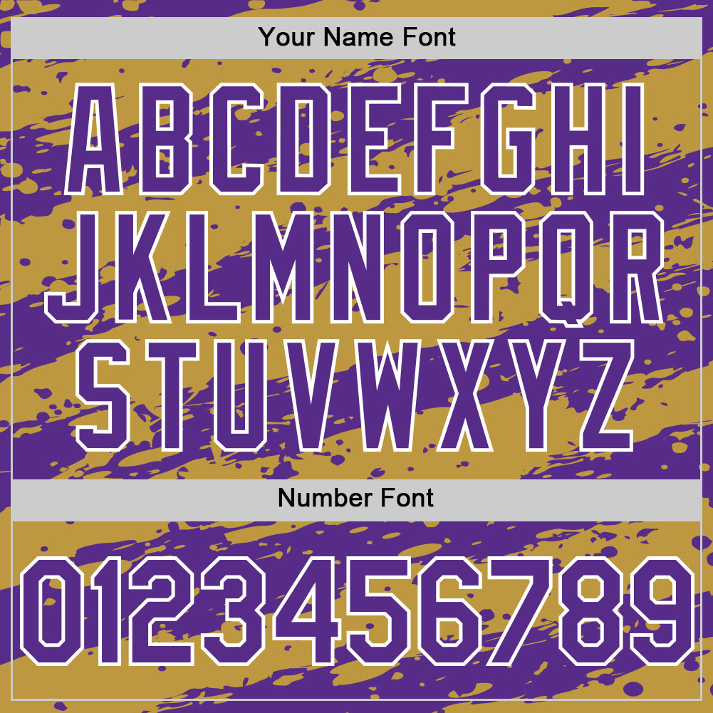 Custom Old Gold Purple-White Splash 3D Pattern Design Bomber Full-Snap Varsity Letterman Hoodie Jacket