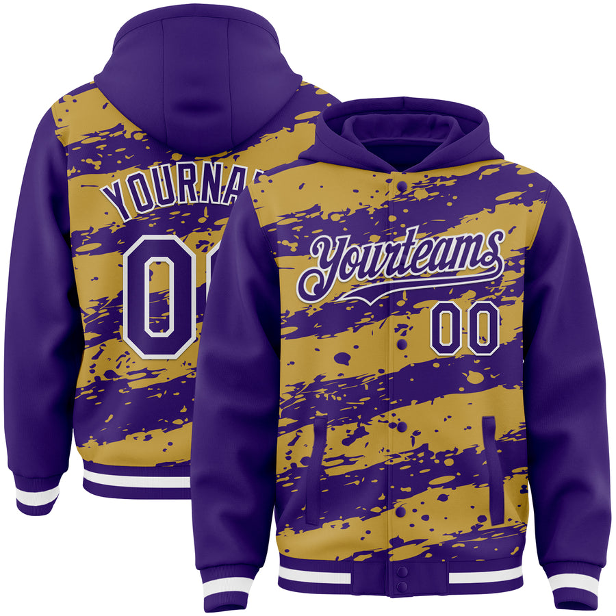 Custom Old Gold Purple-White Splash 3D Pattern Design Bomber Full-Snap Varsity Letterman Hoodie Jacket