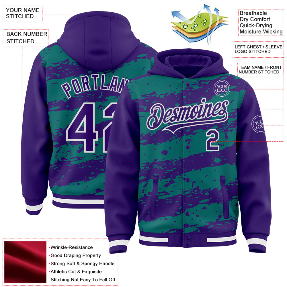 Custom Teal Purple-White Splash 3D Pattern Design Bomber Full-Snap Varsity Letterman Hoodie Jacket