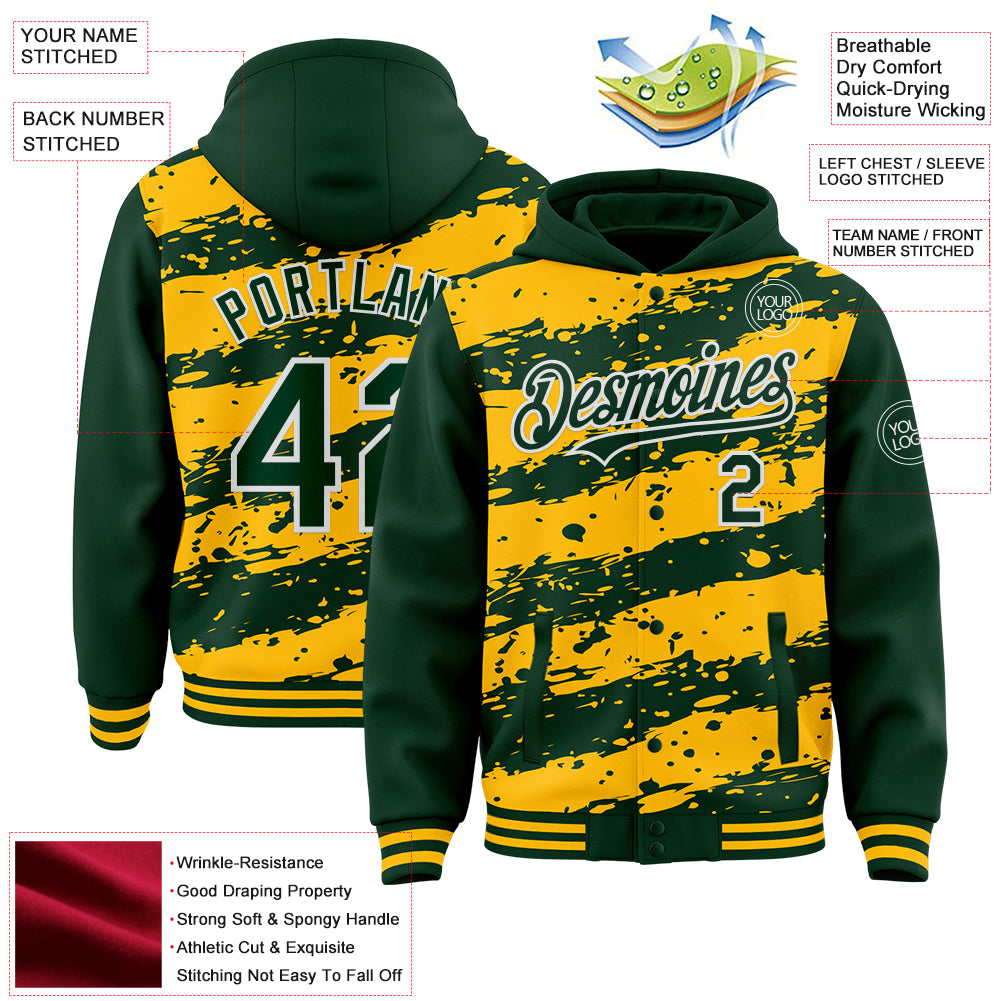 Custom Gold Green-White Splash 3D Pattern Design Bomber Full-Snap Varsity Letterman Hoodie Jacket
