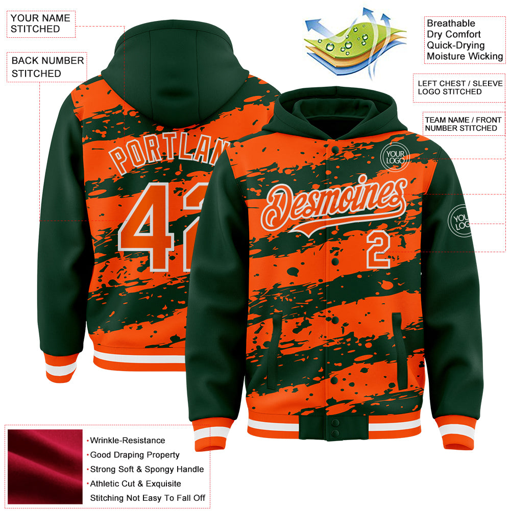 Custom Green Orange-White Splash 3D Pattern Design Bomber Full-Snap Varsity Letterman Hoodie Jacket