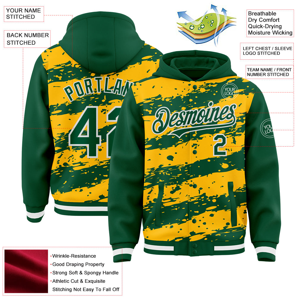 Custom Gold Kelly Green-White Splash 3D Pattern Design Bomber Full-Snap Varsity Letterman Hoodie Jacket